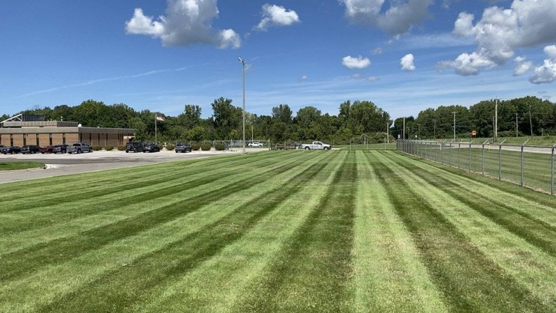 Freshly mowed lawn with clean mowing stripes